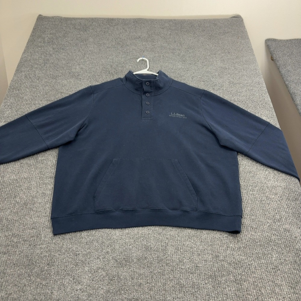 LL Bean Sweatshirt Men XXL Blue Cotton Polyester Quarter Button Mock Neck Casual